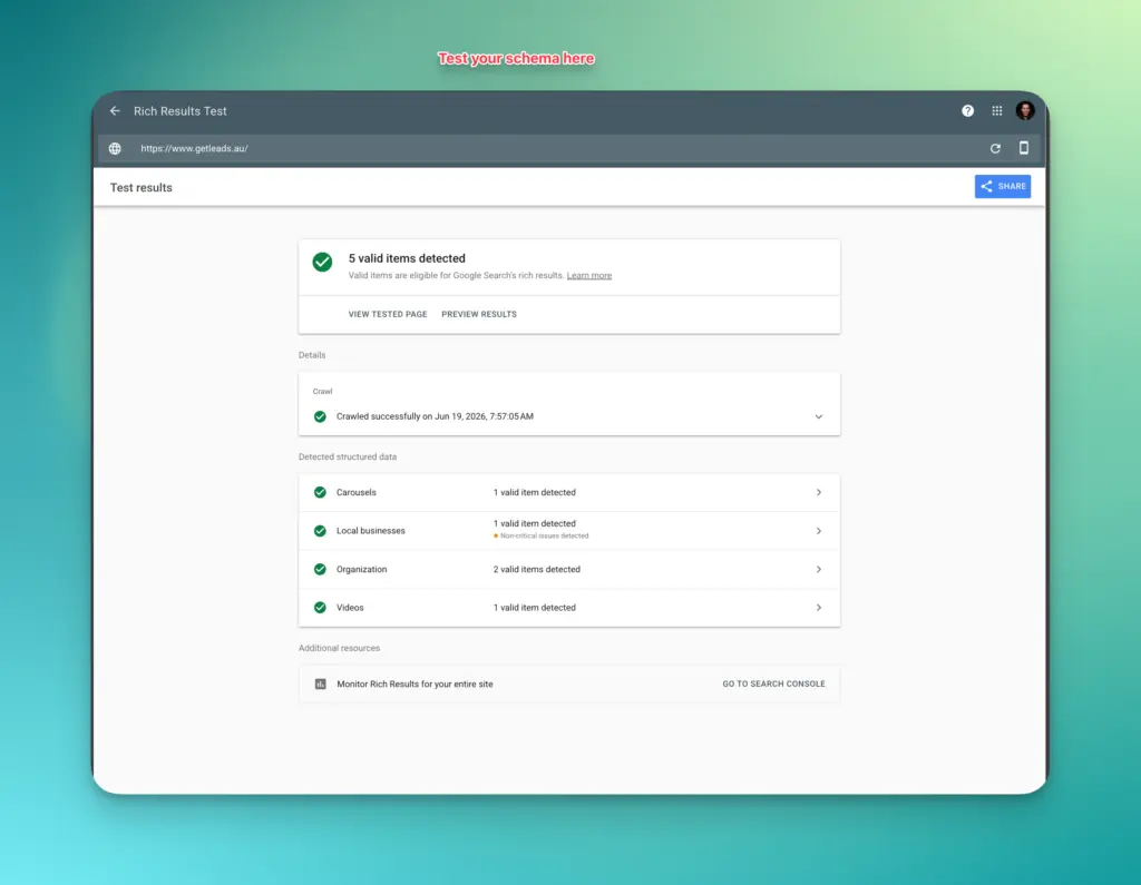 Shows the Google Rich snippet tool testing schema