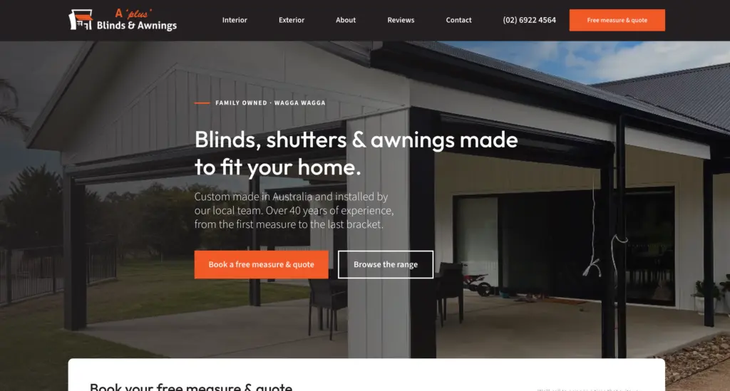 The rebuilt A Plus Blinds website: a headline over a photograph of a Wagga installation, with a measure and quote card