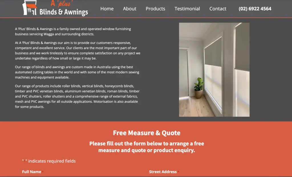 The previous A Plus Blinds website: a grey panel of company description with no headline and the product range in one paragraph